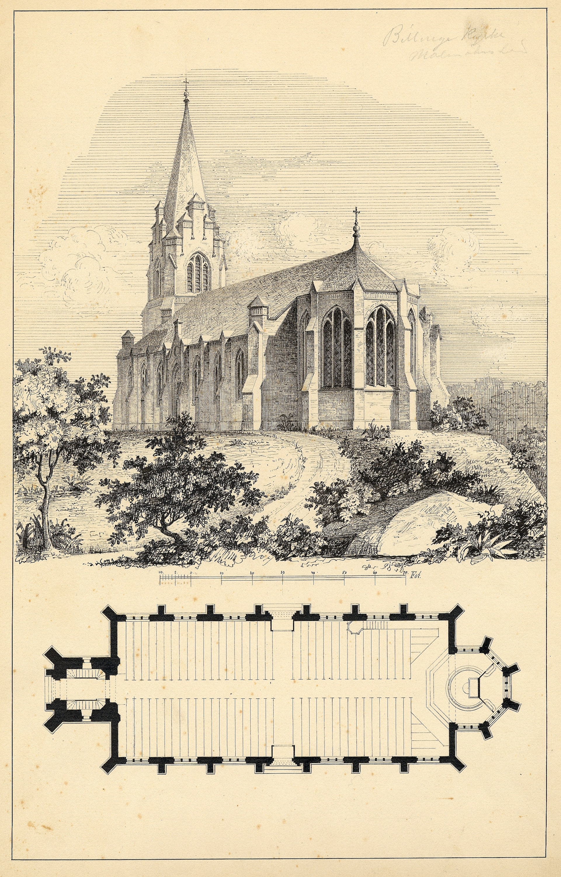 Ritning av Billinge kyrka.  K&auml;lla: Digitalt museum, Arkitektur- och designcentrum