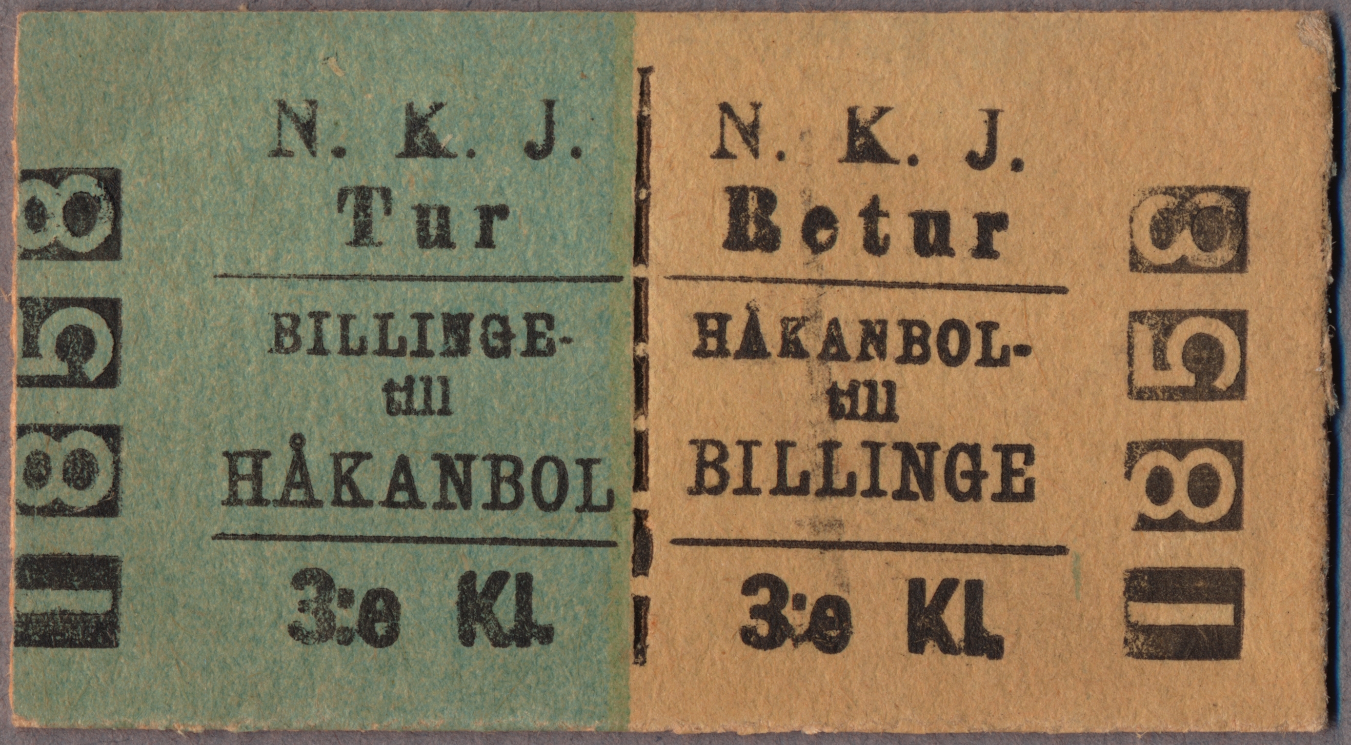 Tur och retutbiljett Billinge-H&aring;kanbol.  K&auml;lla: J&auml;rnv&auml;gsmuseet.