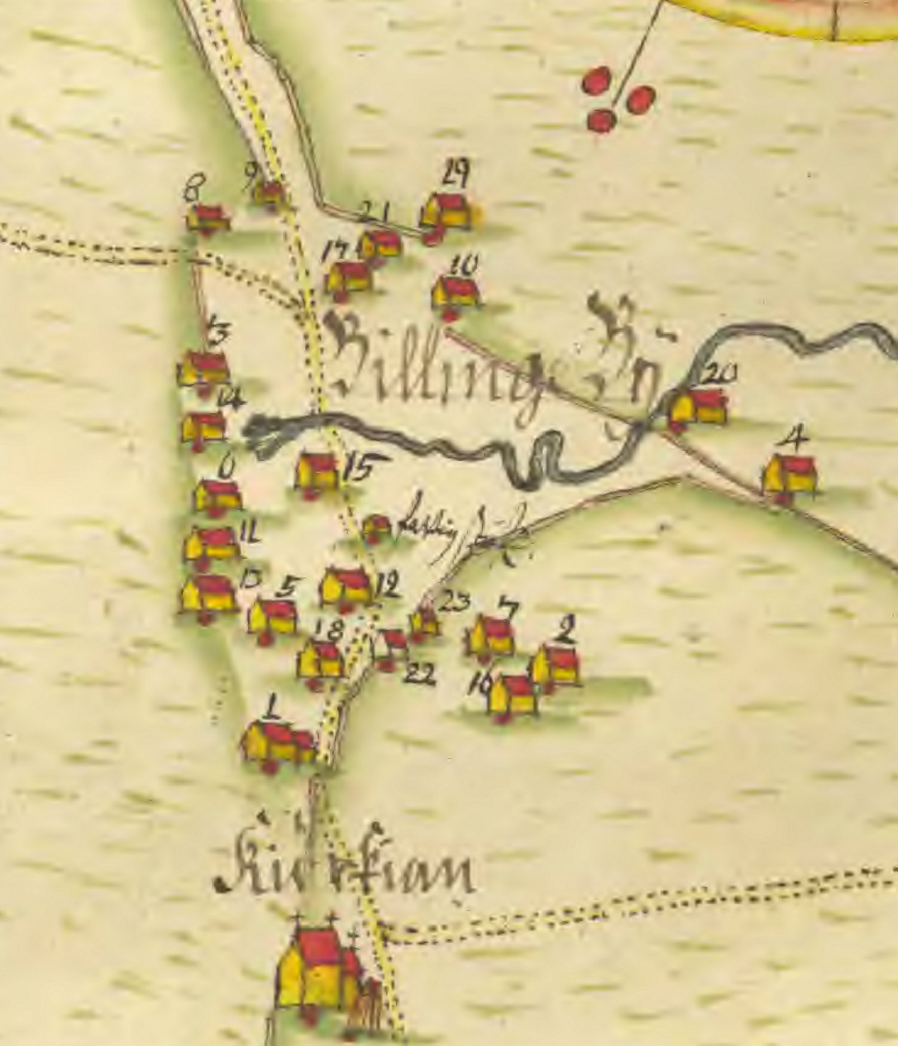 År 1706 upprättar lantmätaren Zacharias Almgren den första kända kartan över Billinge by. Bilden visar ett utdrag ur en större karta. Foto: Gamlegårds museum.