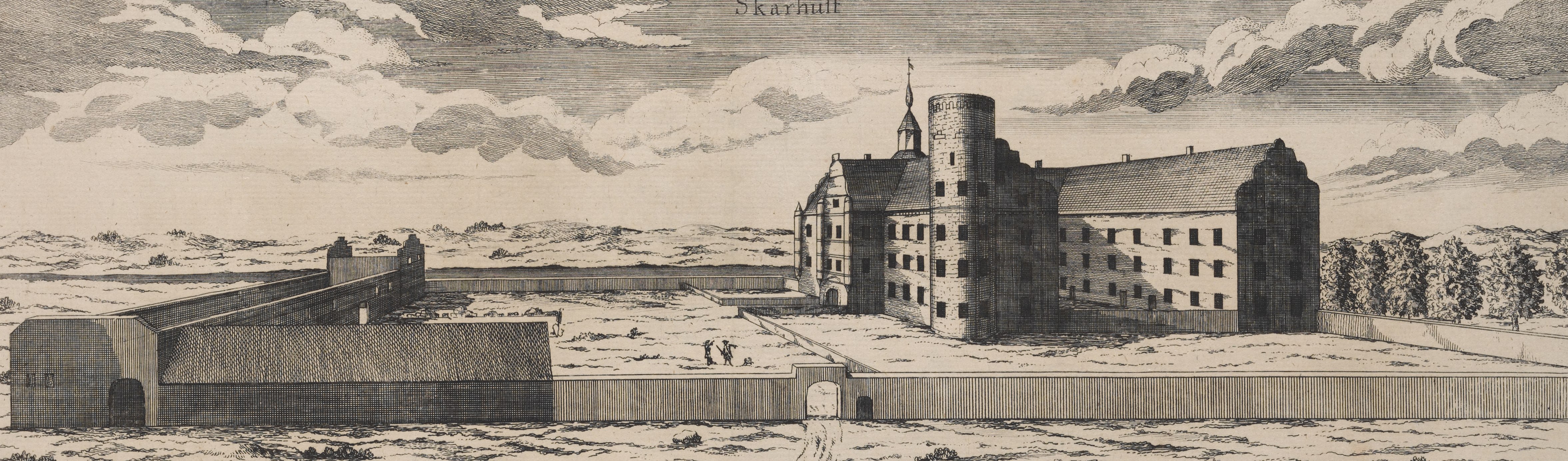 Skarhults slott. Illustration fr&aring;n 1680, Burman, Gerhard von, 1653-1701 (author) Fischer, Abraham, 1724-1775 (publisher). K&auml;lla: Wikimedia Commons.