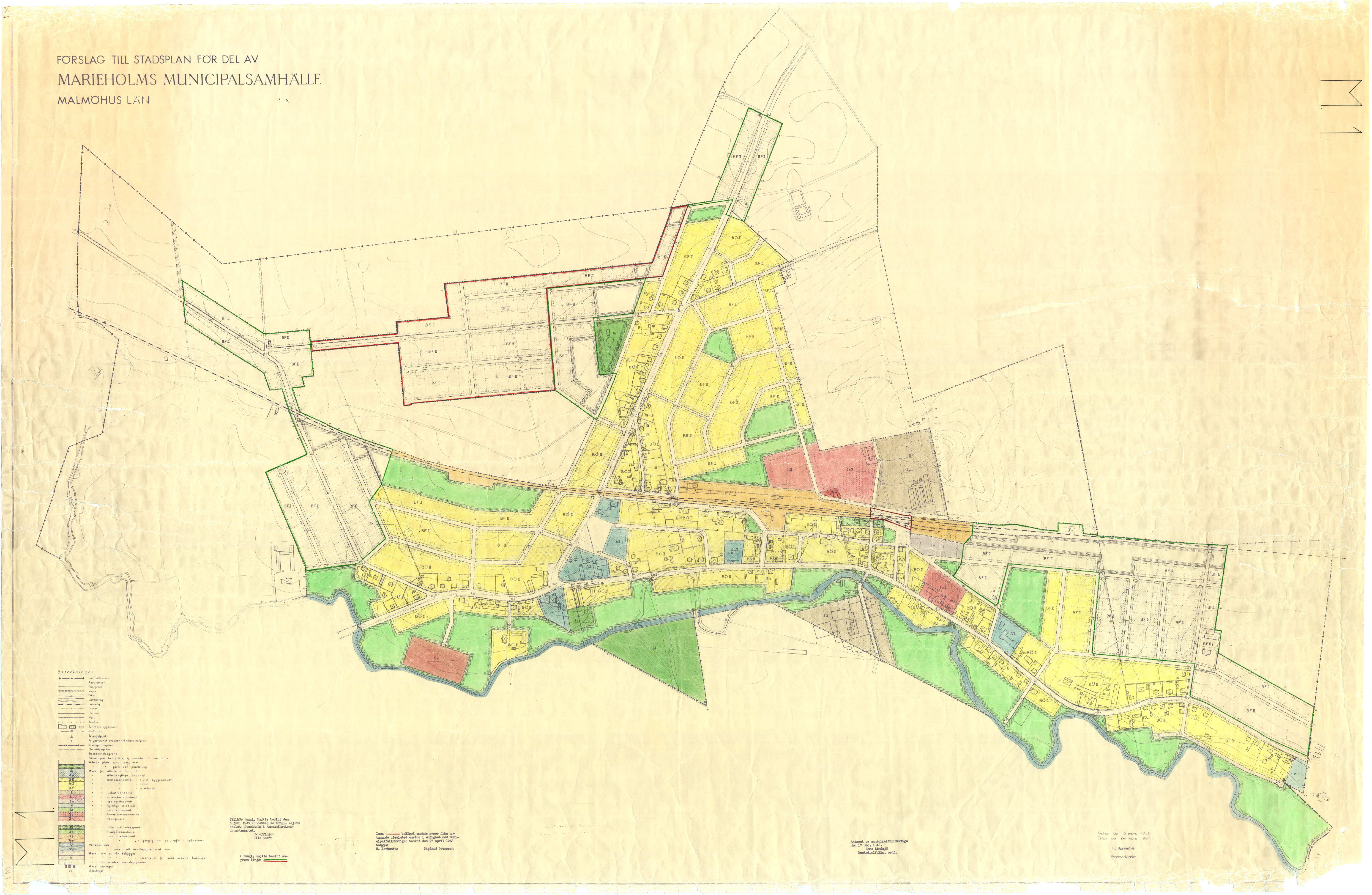 F&ouml;rslag till stadsplan f&ouml;r del av Marieholms municipalsamh&auml;lle, Malm&ouml;hus l&auml;n, 1949.
