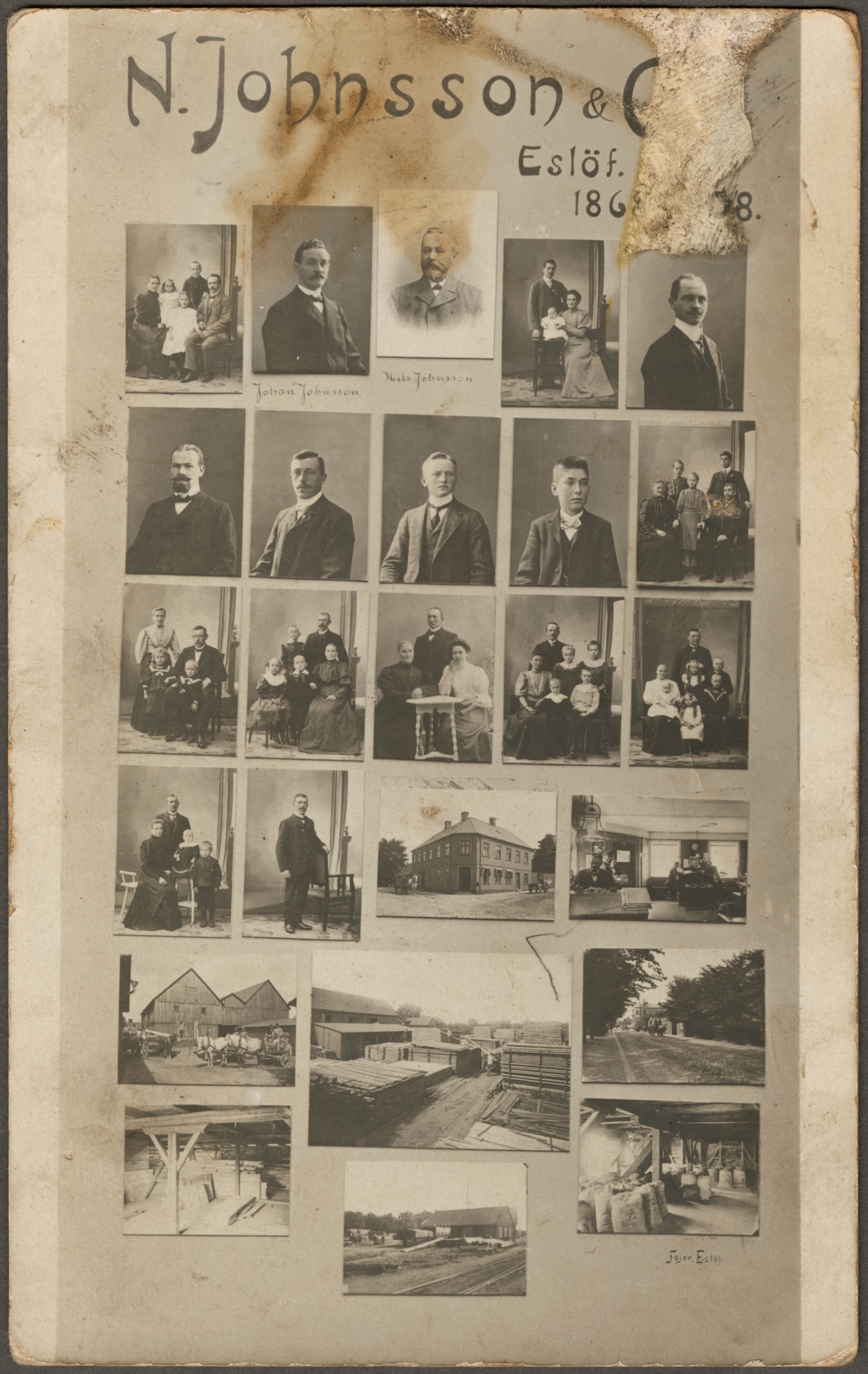 Flermotivsvykort fr&aring;n Esl&ouml;v med foton av Nils Johnsson, hans familjemedlemmar samt tr&auml;varuf&ouml;retagets verksamhet och lokaler. Text p&aring; framsida: "N.Johnsson & Co Esl&ouml;f. 1868-1908.". Vykortet postg&aring;nget 1909. K&auml;lla: digitaltmuseum.se/J&auml;rnv&auml;gsmuseet.