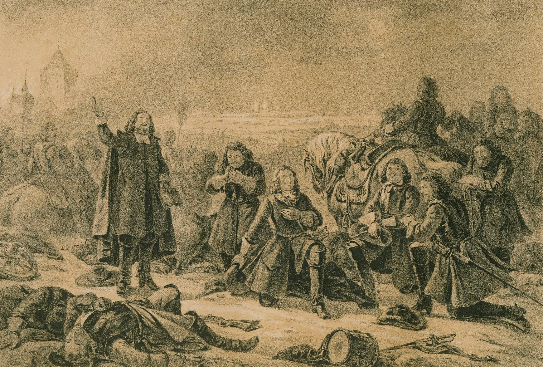 Karl XI och hans m&auml;n tackar gud f&ouml;r segern i slaget vid Lund. Litografi av Carl Andreas Dahlstr&ouml;m, 1851. K&auml;lla: Wikimedia Commons.