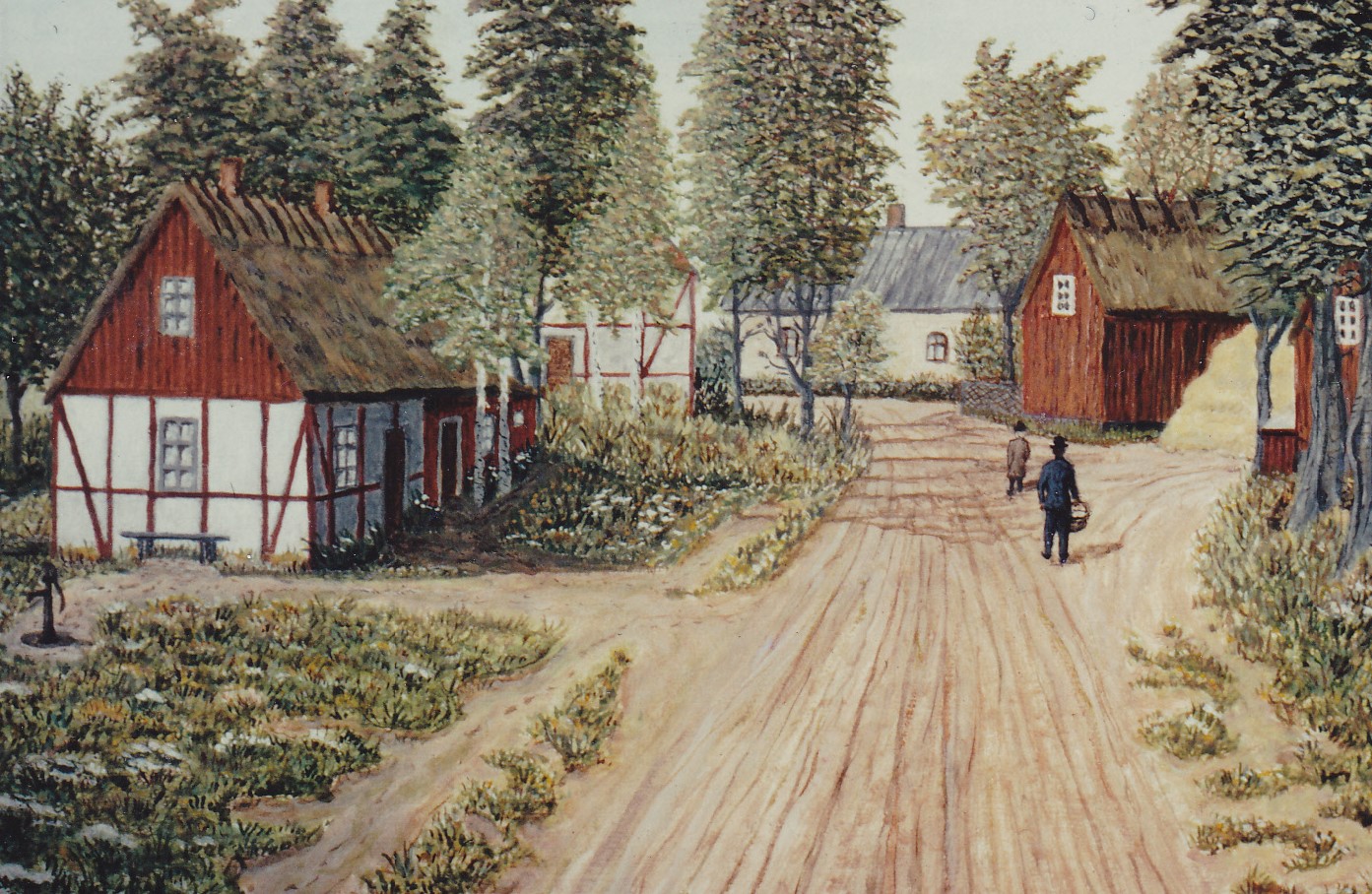 Motiv fr&aring;n 1910-talets Marieholm. I bakgrunden &Aring;karps g&auml;stgivareg&aring;rd f&ouml;re ombyggnaden 1918-19. Till h&ouml;ger g&auml;stgivareg&aring;rdens lantbruk. Korsvirkeshuset, f&ouml;rsta till v&auml;nster, vanligen kallat &rdquo;Marias hus&rdquo; l&aring;g lite l&aring;gl&auml;nt. Intill l&aring;g &rdquo;Marias h&aring;la&rdquo; d&auml;r det gick att &aring;ka skridskor d&aring; det var vinter och kallt. Andra korsvirkeshuset till v&auml;nster inrymde svinstall, garage f&ouml;r ambulansen samt bostad f&ouml;r tr&auml;dg&aring;rdsm&auml;staren. M&aring;lning av Sven Rydberg efter ett vykort.