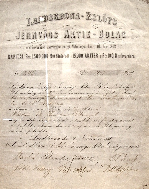 J&auml;rnv&auml;gsaktie fr&aring;n 1860 i nybildade &rdquo;Landskrona-Esl&ouml;fs jernv&auml;gs aktiebolag
