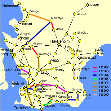 Karta med Sk&aring;nes j&auml;rnv&auml;gar &aring;r 1900