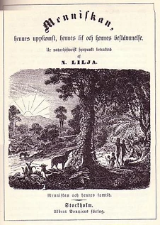 Boken "Menniskan; Hennes uppkomst, hennes lif och hennes bestämmelse" titelsida. Wikimedia Commons.