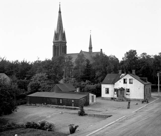 Byggnader längs Västerlånggatan vid Gröna Torg, 1940-tal. K.G.Pressfoto.